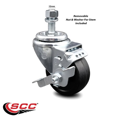 Service Caster 3.5 Inch Soft Rubber Wheel Swivel 12mm Threaded Stem Caster with Brake SCC SCC-TS20S3514-SRS-TLB-M1215